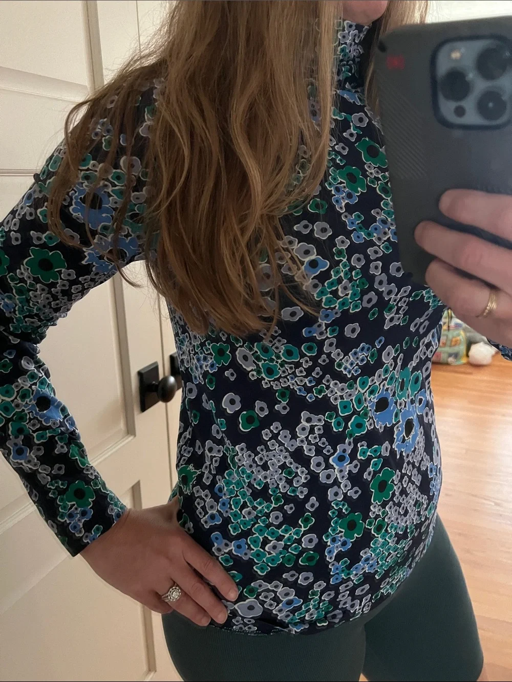 J. Crew Floral Printed Tissue Turtleneck large - navy teal multi